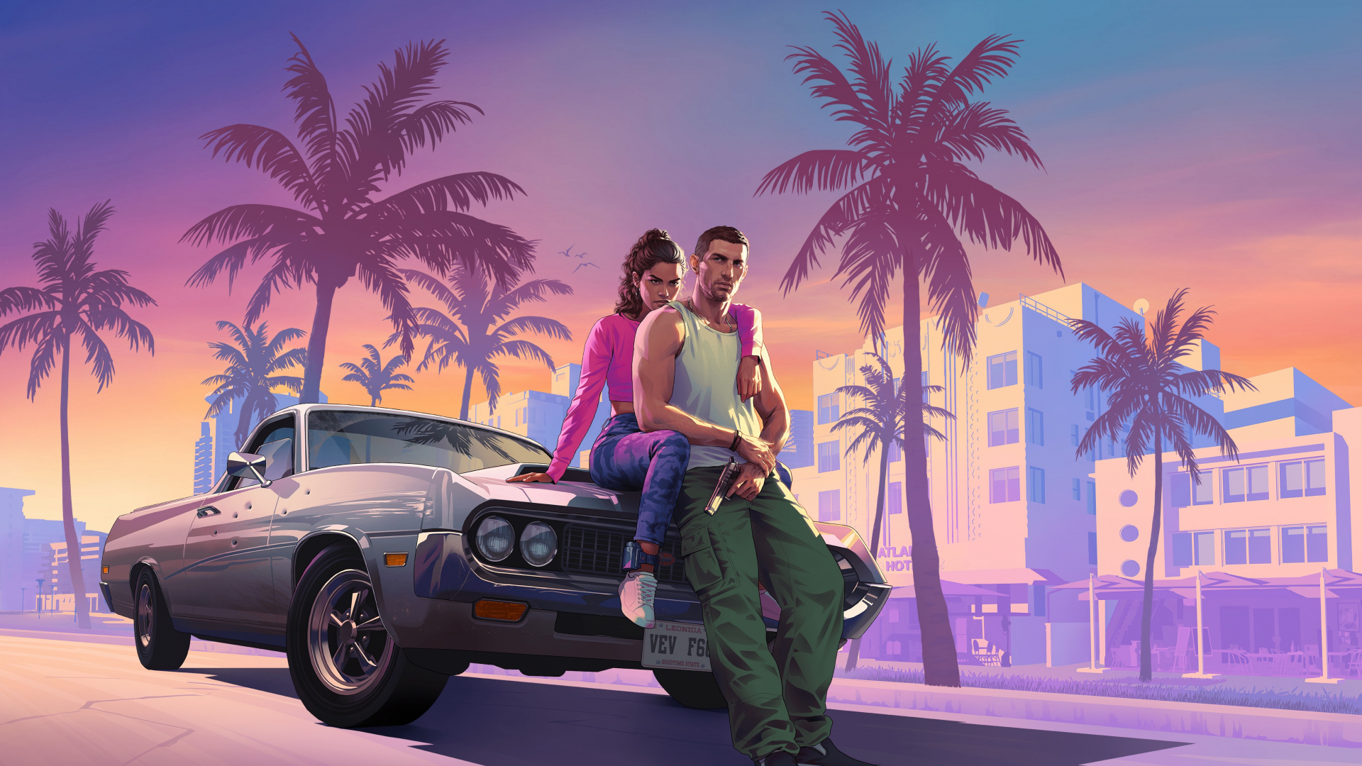 Cenário synthwave Vice City com palmeiras neon